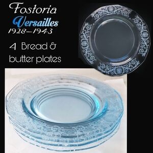 4 Fostoria Versailles etched Azure blue 6" bread & butter plates No trim